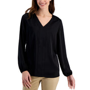 JM Collection Women's Long-Sleeve Satin V-Neck Blouse – Deep Black, Small