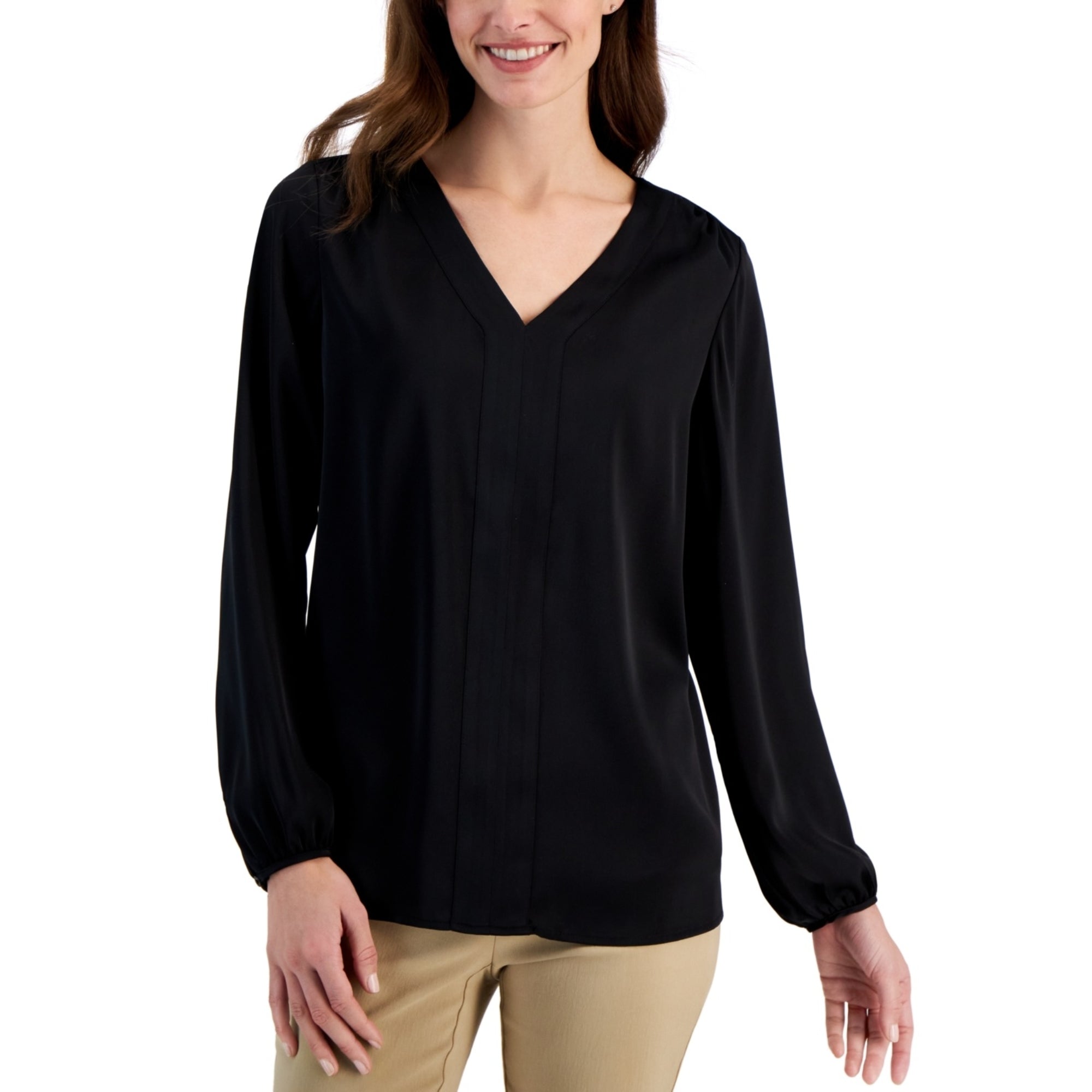 JM Collection Women's Long-Sleeve Satin V-Neck Blouse – Deep Black, Small