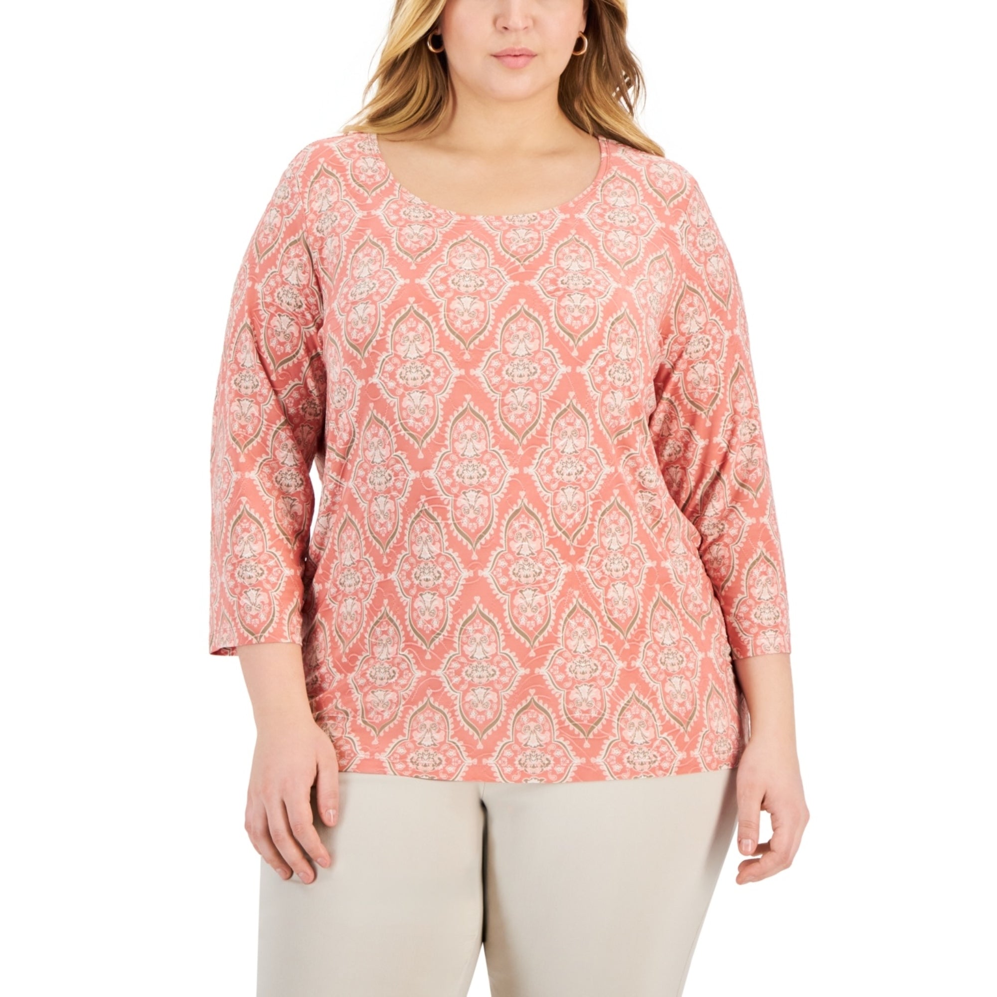 JM Collection Plus Size Medallion Printed Jacquard Top – Burnt Brick Combo, Size - 1X
