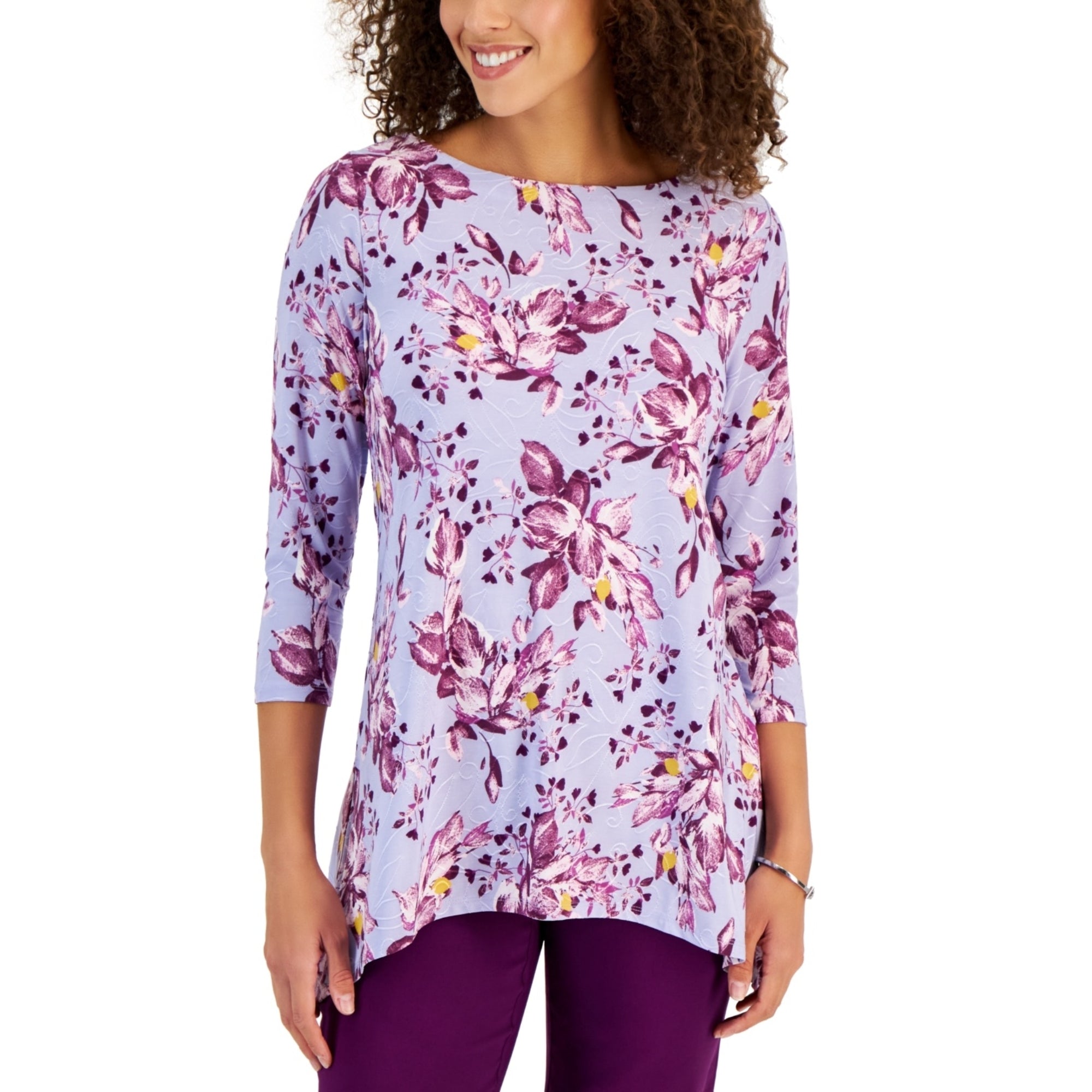 JM Collection Women's 3/4 Sleeve Printed Jacquard Top – Light Lavender Combo, XXL