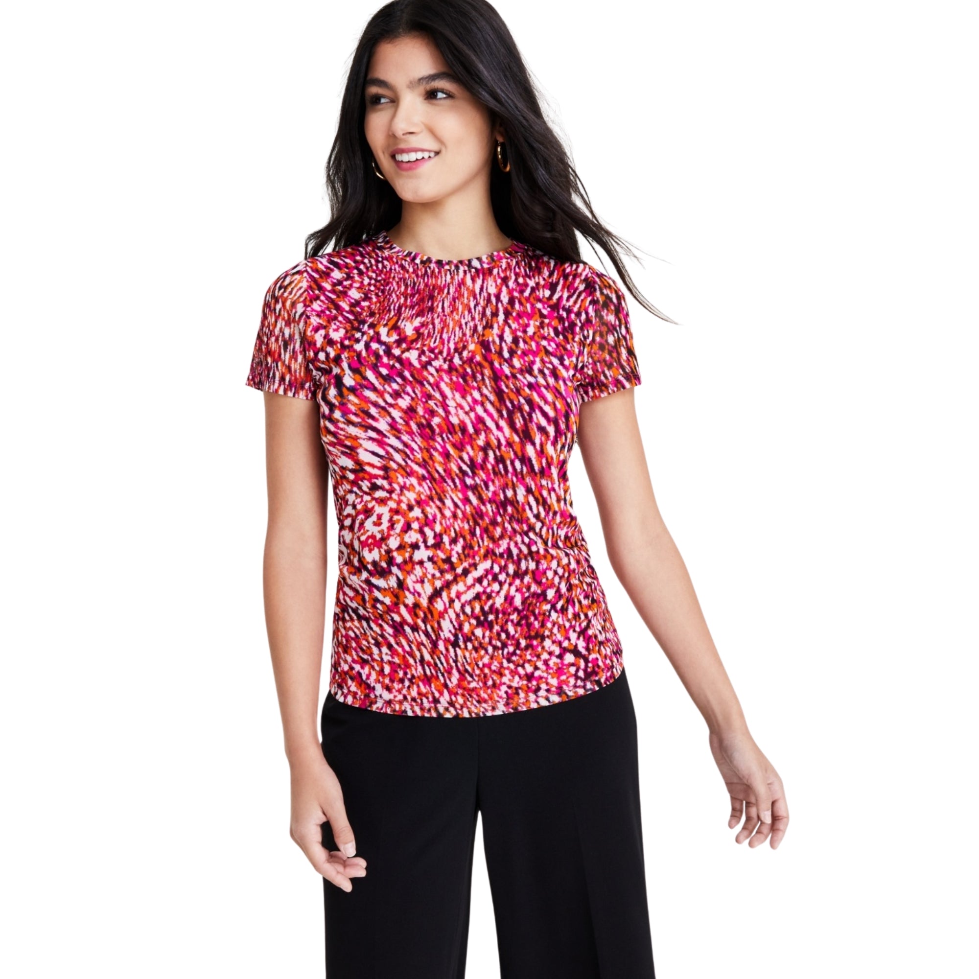 Bar III Women's Printed Short-Sleeve Mesh Top – Sunset Rose, XXS