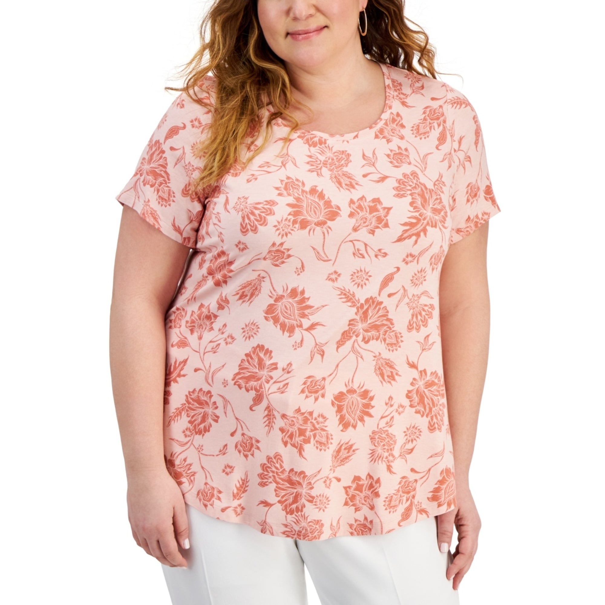 JM Collection Plus Size Floral Print Short-Sleeve Top – Rose Tint Combo, Size - 1X