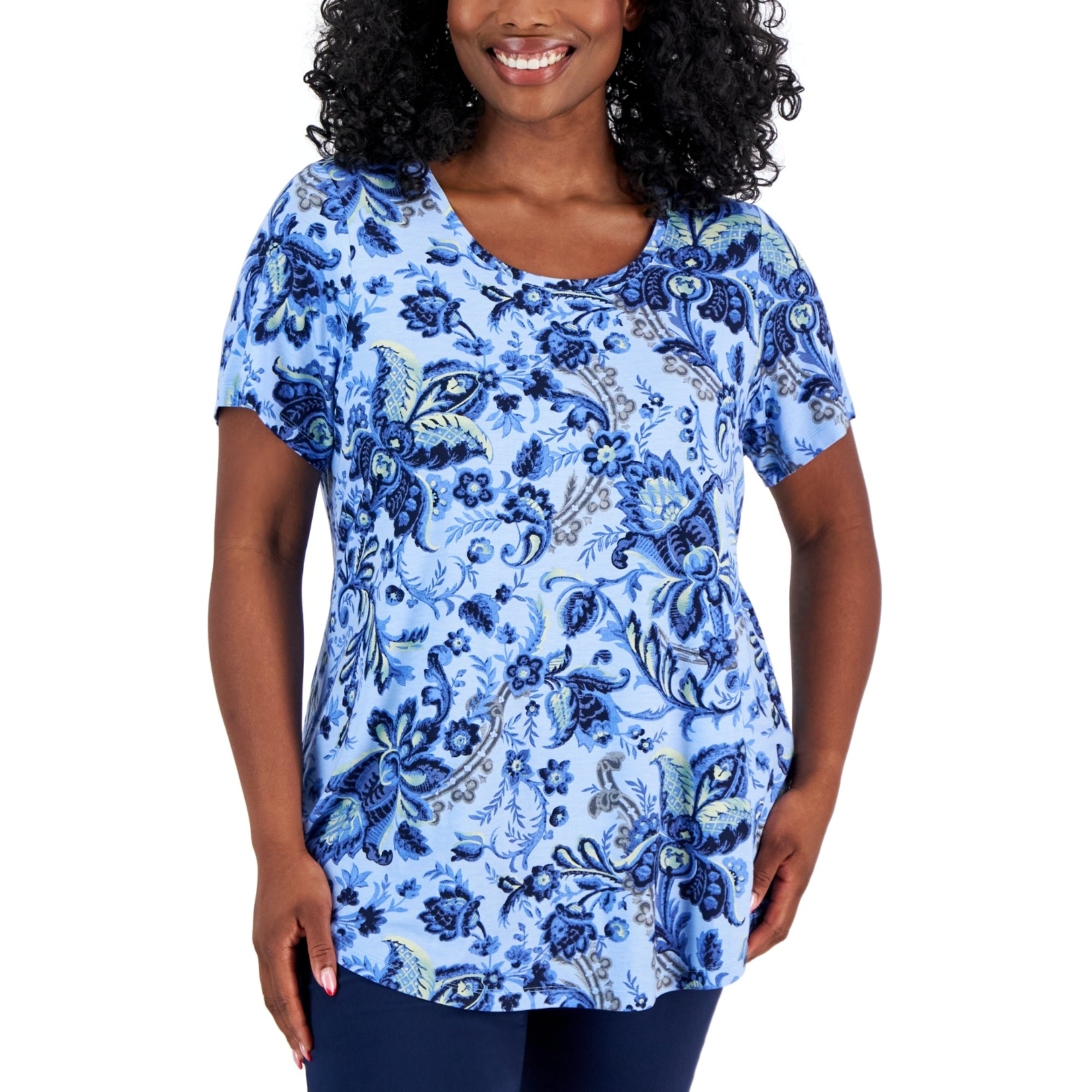 JM Collection Plus Size Bloom Print Short-Sleeve Top – Watery Blue Combo, Size - 0X