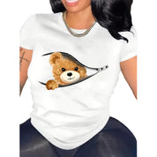 Cartoon Bear Print T-Shirt, Medium - White