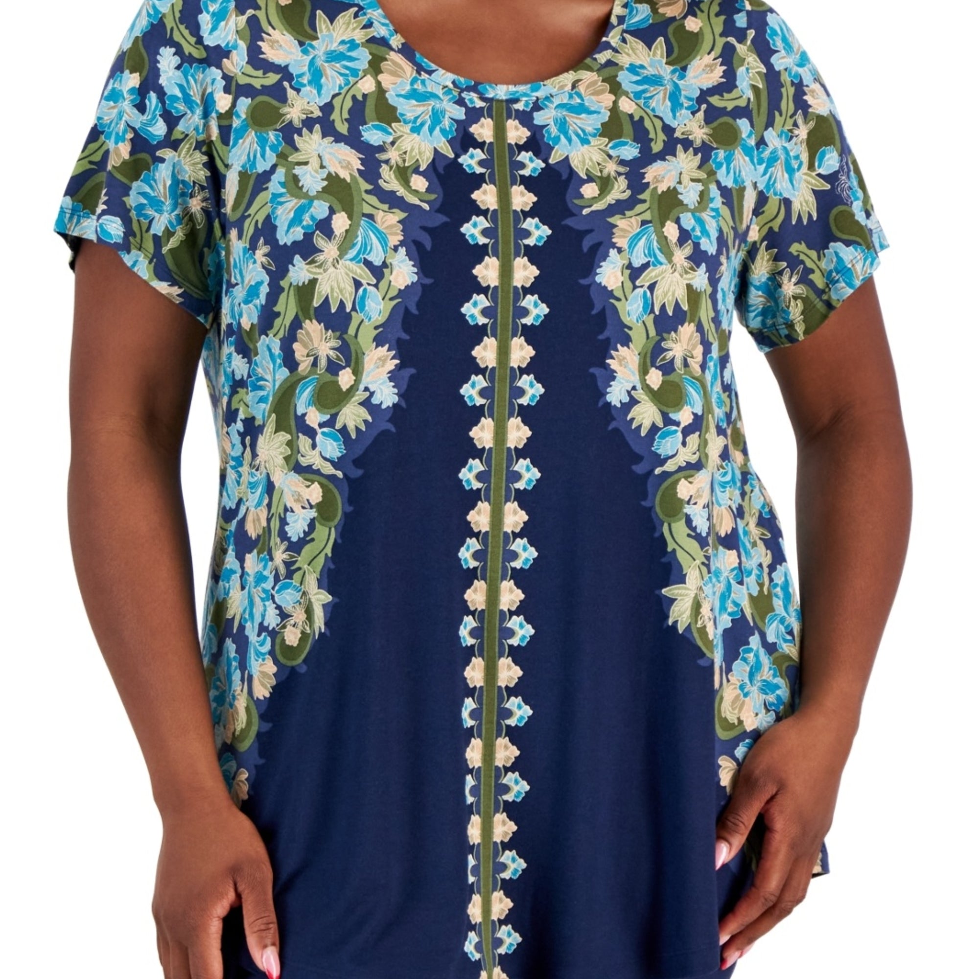 JM Collection Plus Size Oaklyn Ornate Print Short-Sleeve Top – Intrepid Blue Combo, Size - 0X