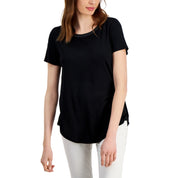 JM Collection Women's Satin-Trim Knit Short-Sleeve Top – Deep Black, Medium