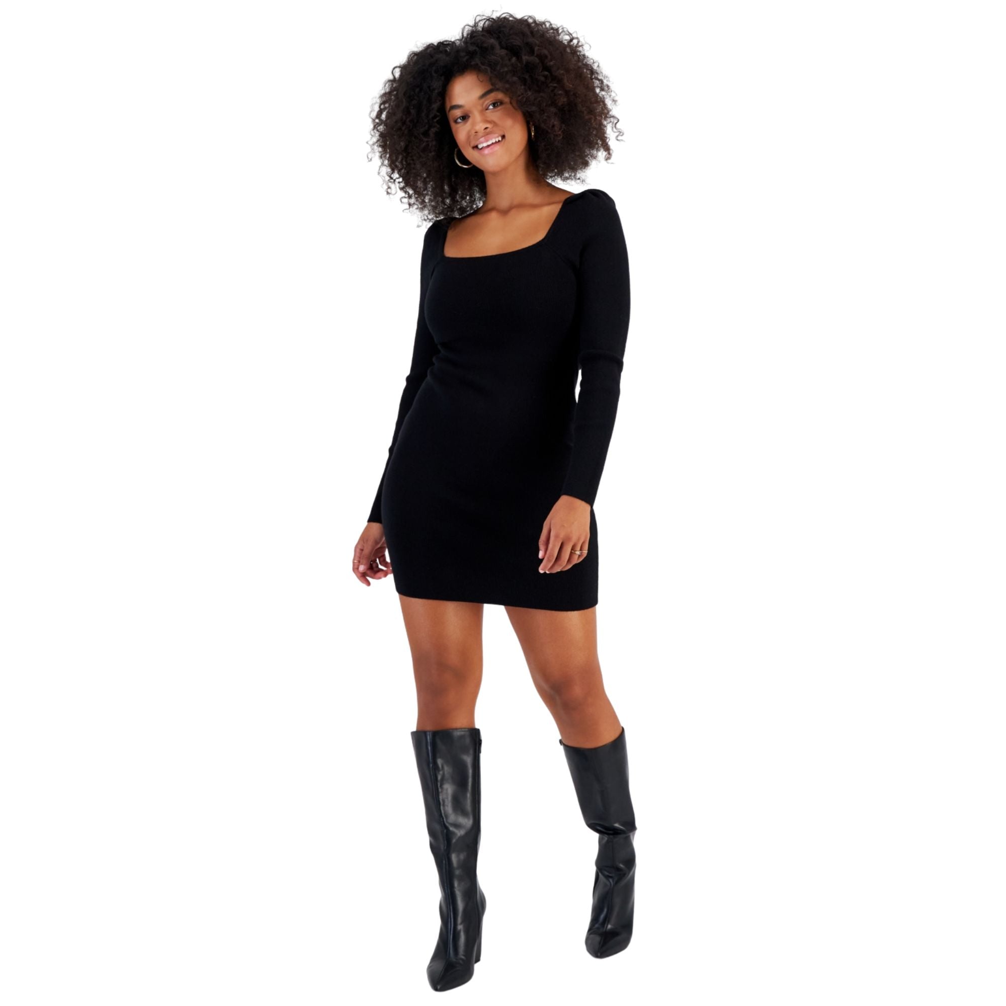 Bar III Women's Square-Neck Bodycon Sweater Dress – Deep Black, S