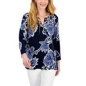 JM Collection Women's 3/4 Sleeve Printed Chain Lace-up Tunic – Intrepid Blue, XL