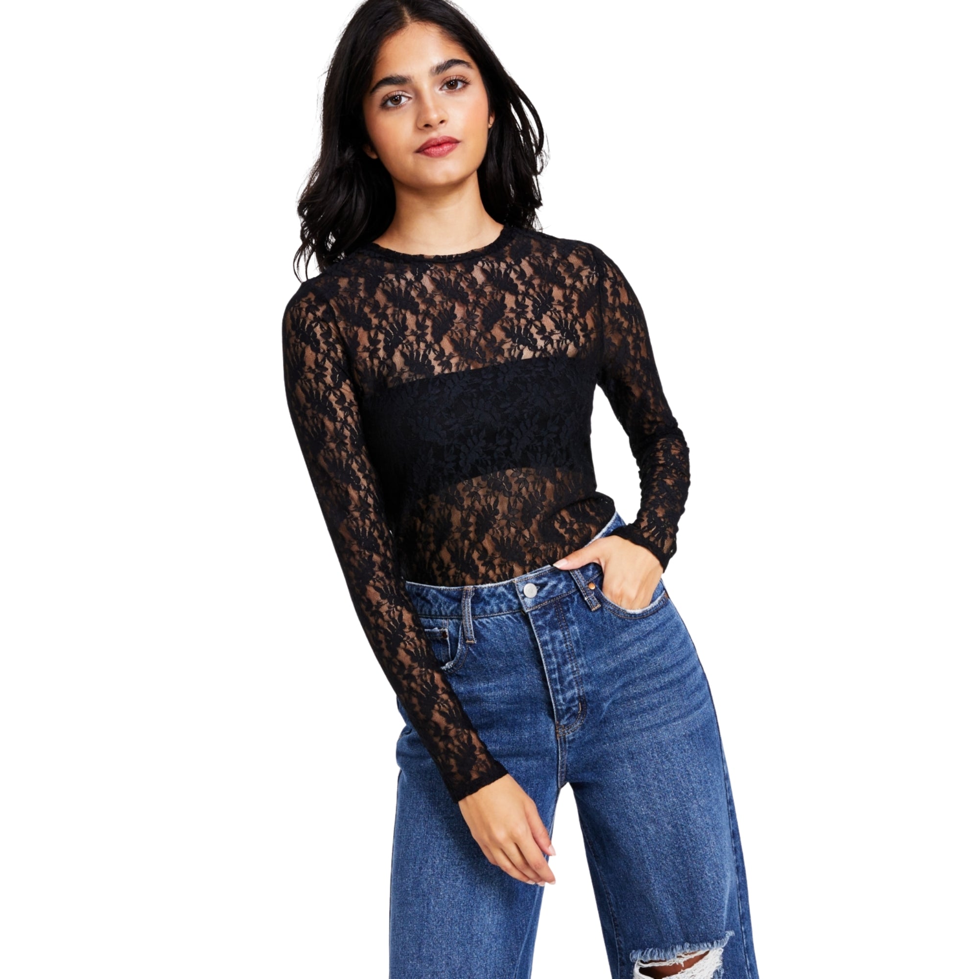 Bar III Women's Lace Long-Sleeve Bodysuit – Deep Black, Size XL