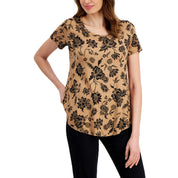 JM Collection Women's Printed Short-Sleeve Scoop-Neck Top – Burnt Toffee Combo, M