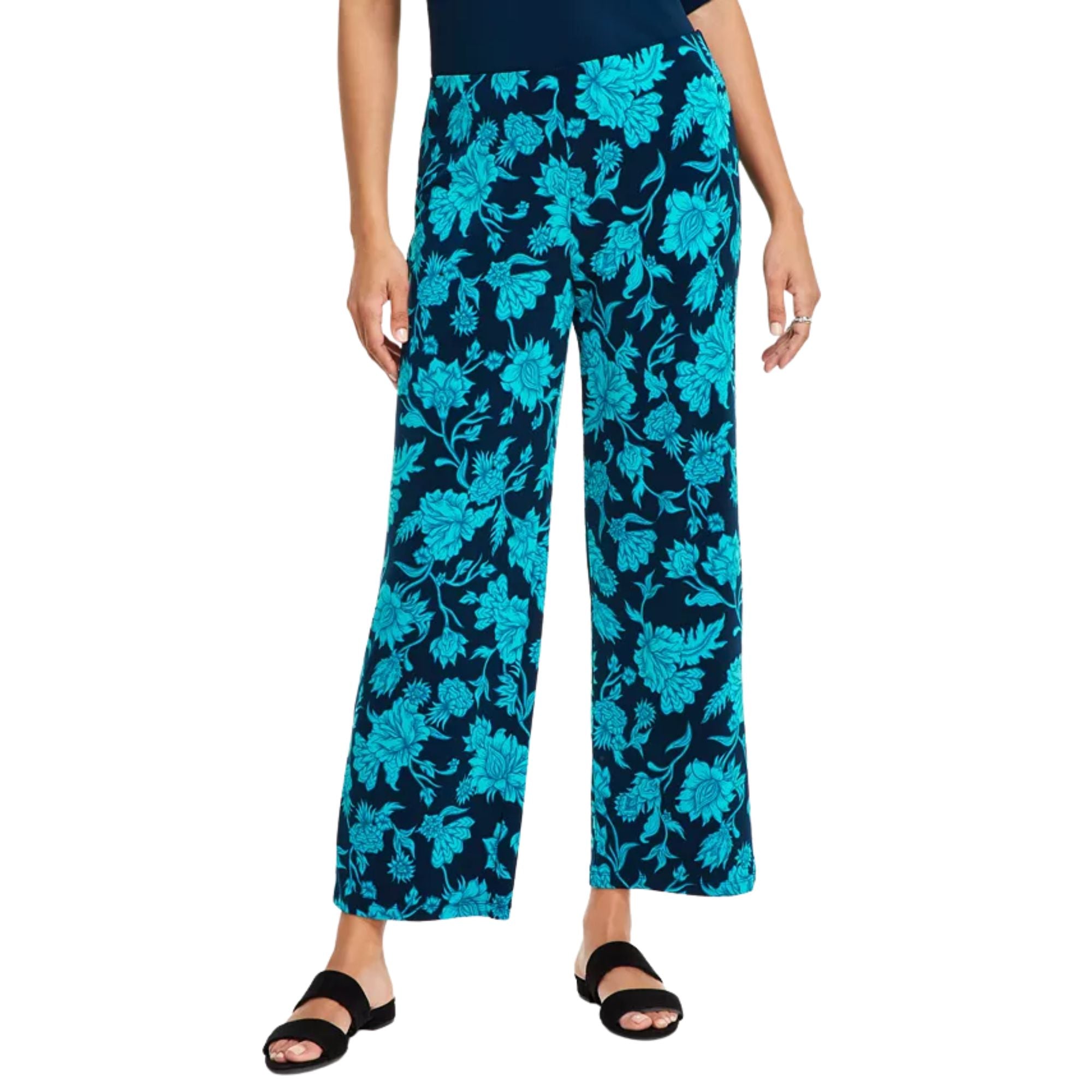 JM Collection Women's Elena Printed Wide-Leg Knit Pull-on Pants – Intrepid Blue Combo, Large
