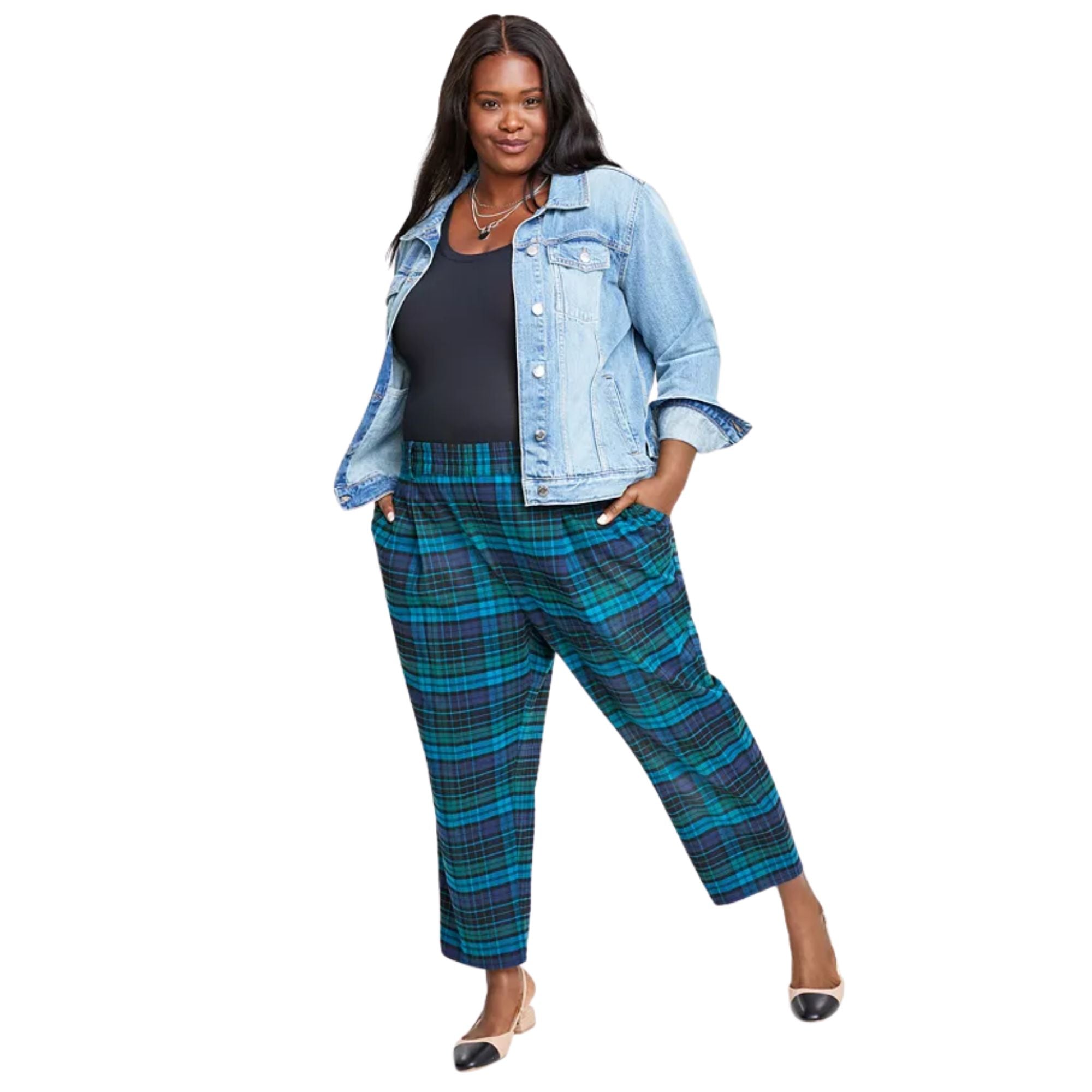 On 34th Plus Size Plaid Brushed Relaxed Ankle Pants - Blue Green Combo 3X