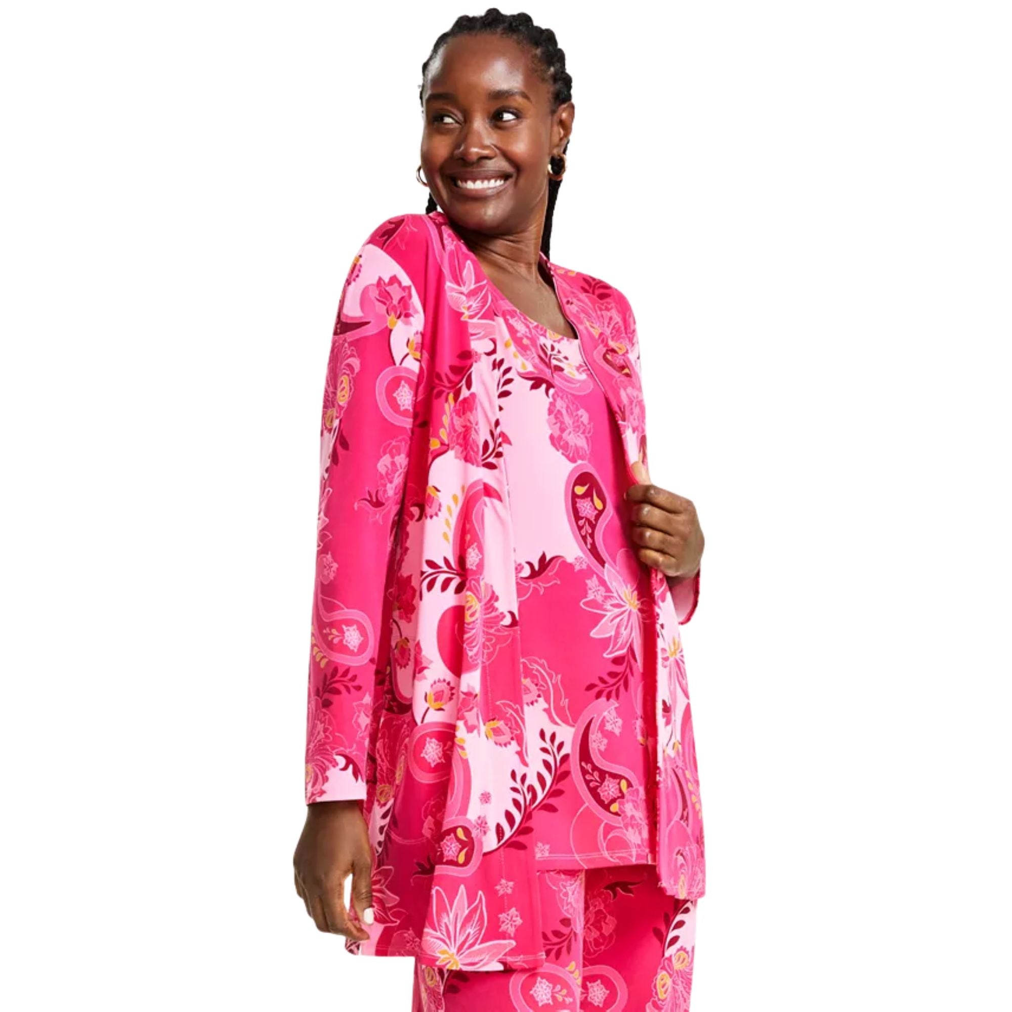 JM Collection Women's Printed Open Front Cardigan – Claret Rose Combo, XL