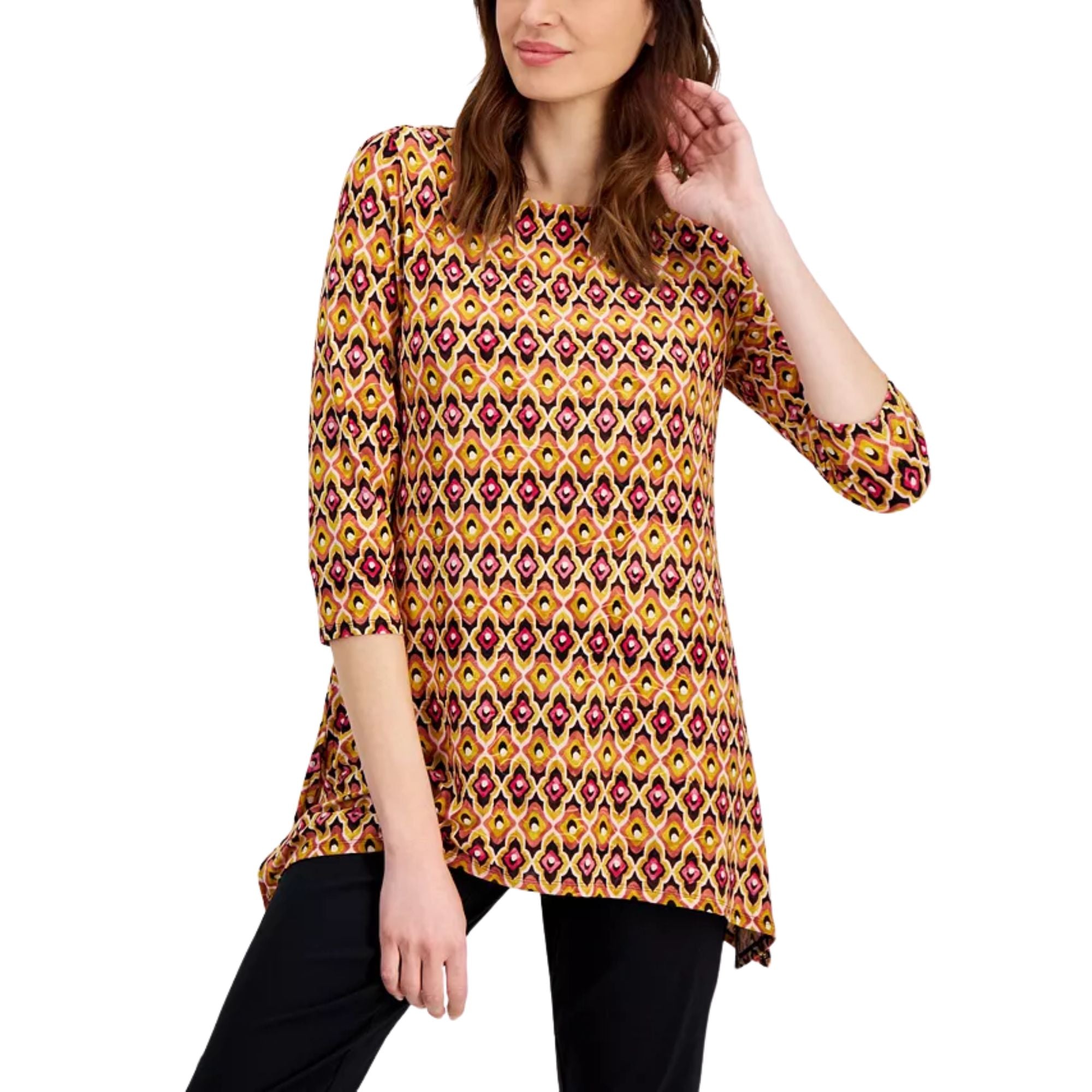 JM Collection Women's Geo-Print Jacquard Swing Top – Mustard Seed Combo, S