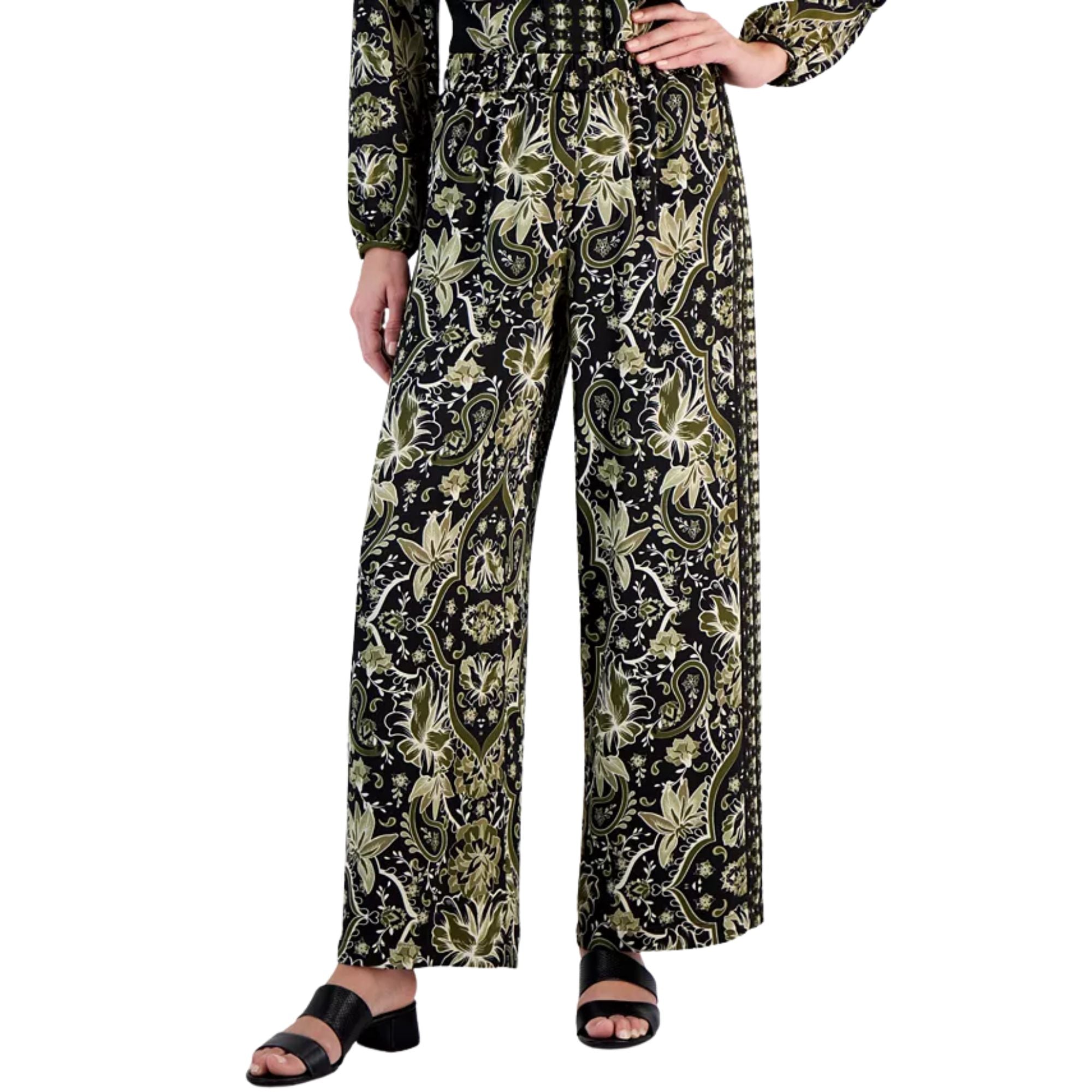 JM Collection Women's Medallion Melody Wide-Leg Satin Pants – Deep Black XL