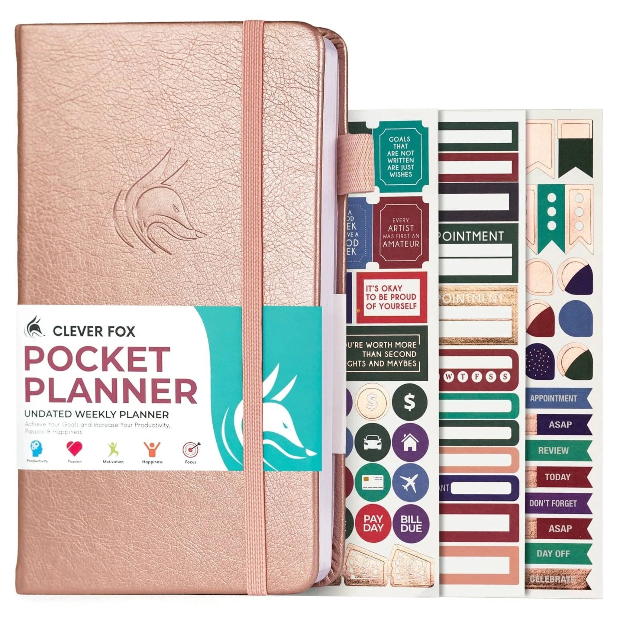 Clever Fox Pocket Planner Weekly – Undated Mini Goal & Productivity Calendar, Purse Size 3.7" x 6.7", Rose Gold