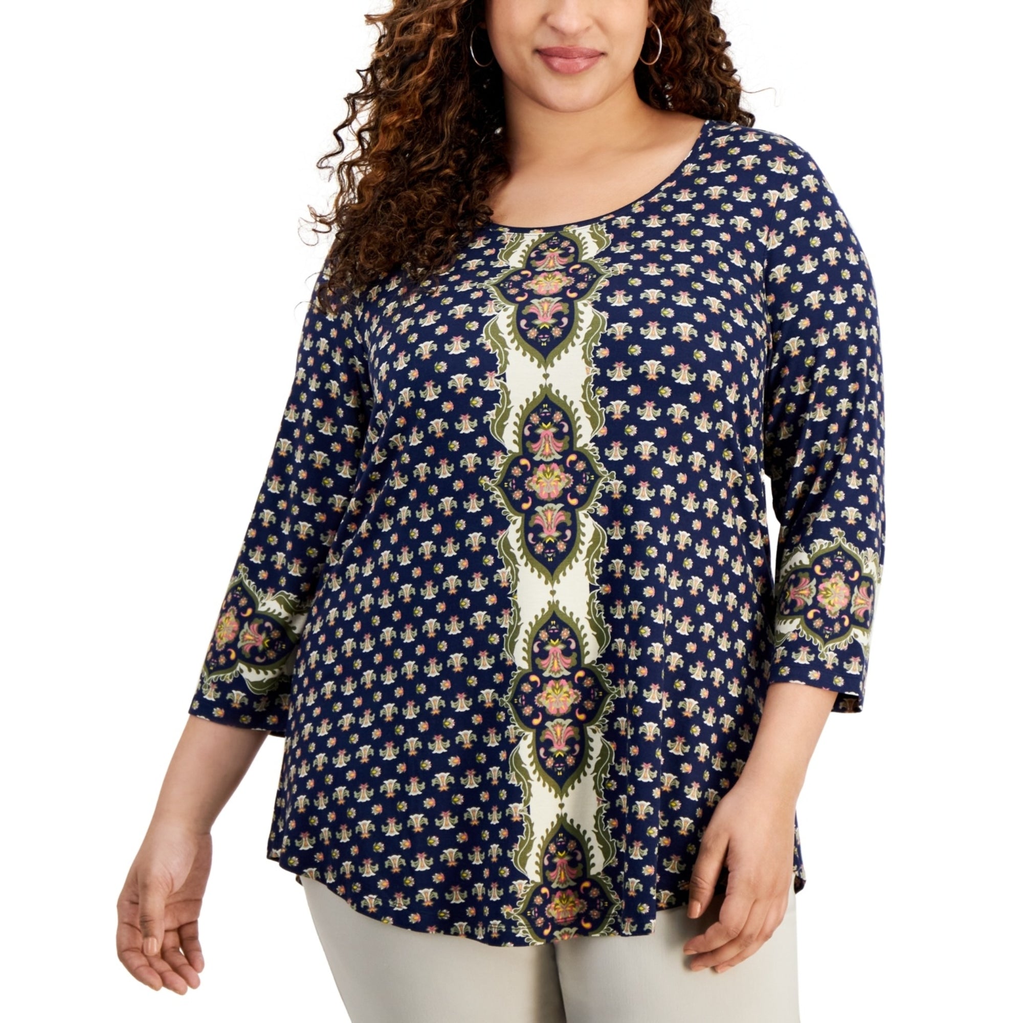 JM Collection Plus Size Printed Scoop-Neck 3/4-Sleeve Top – Navy, 2X