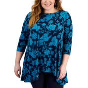 JM Collection Plus Size Elena 3/4-Sleeve Swing Top – Intrepid Blue Combo, Size - 2X