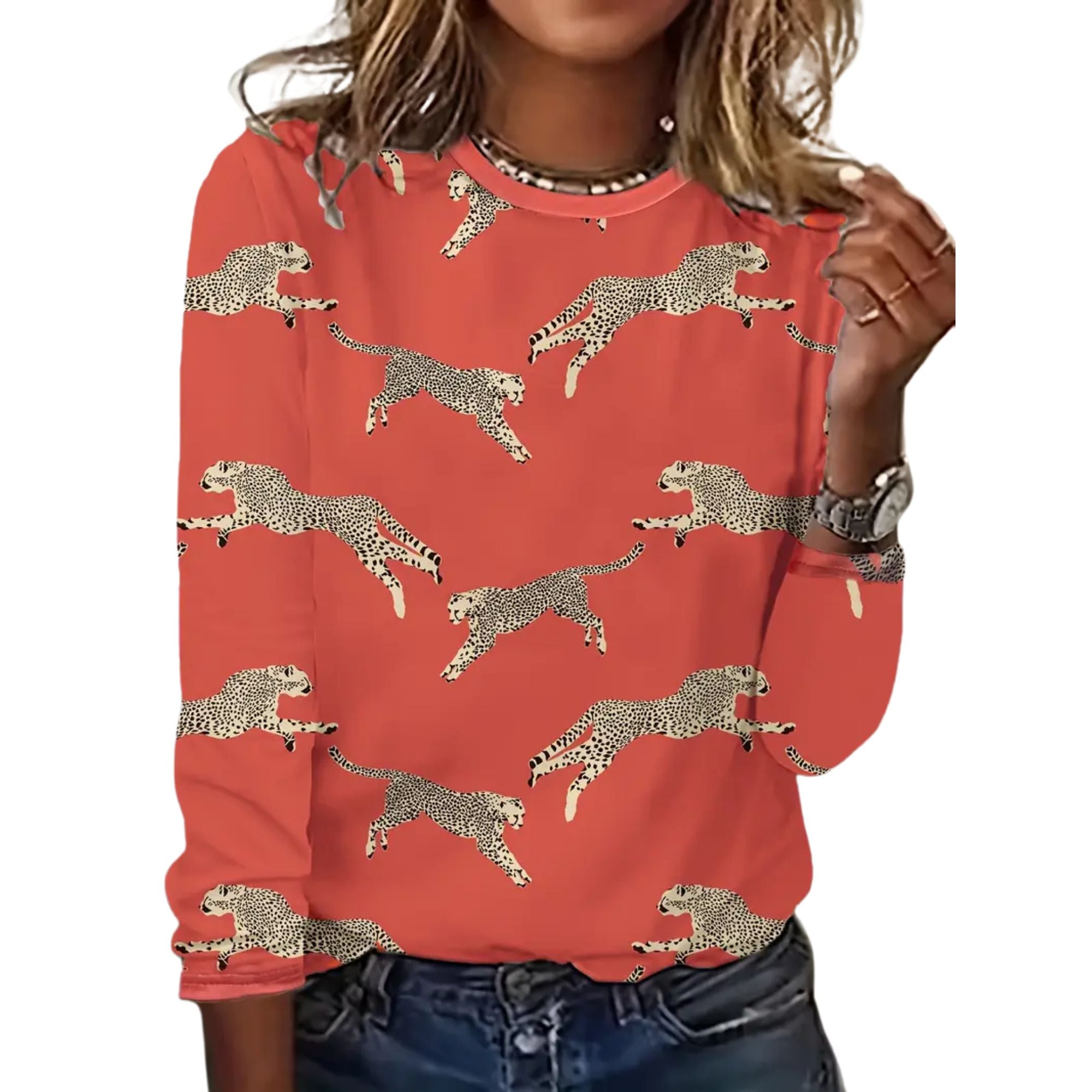 Leopard Print Crew Neck T-Shirt, Medium - Tangerine
