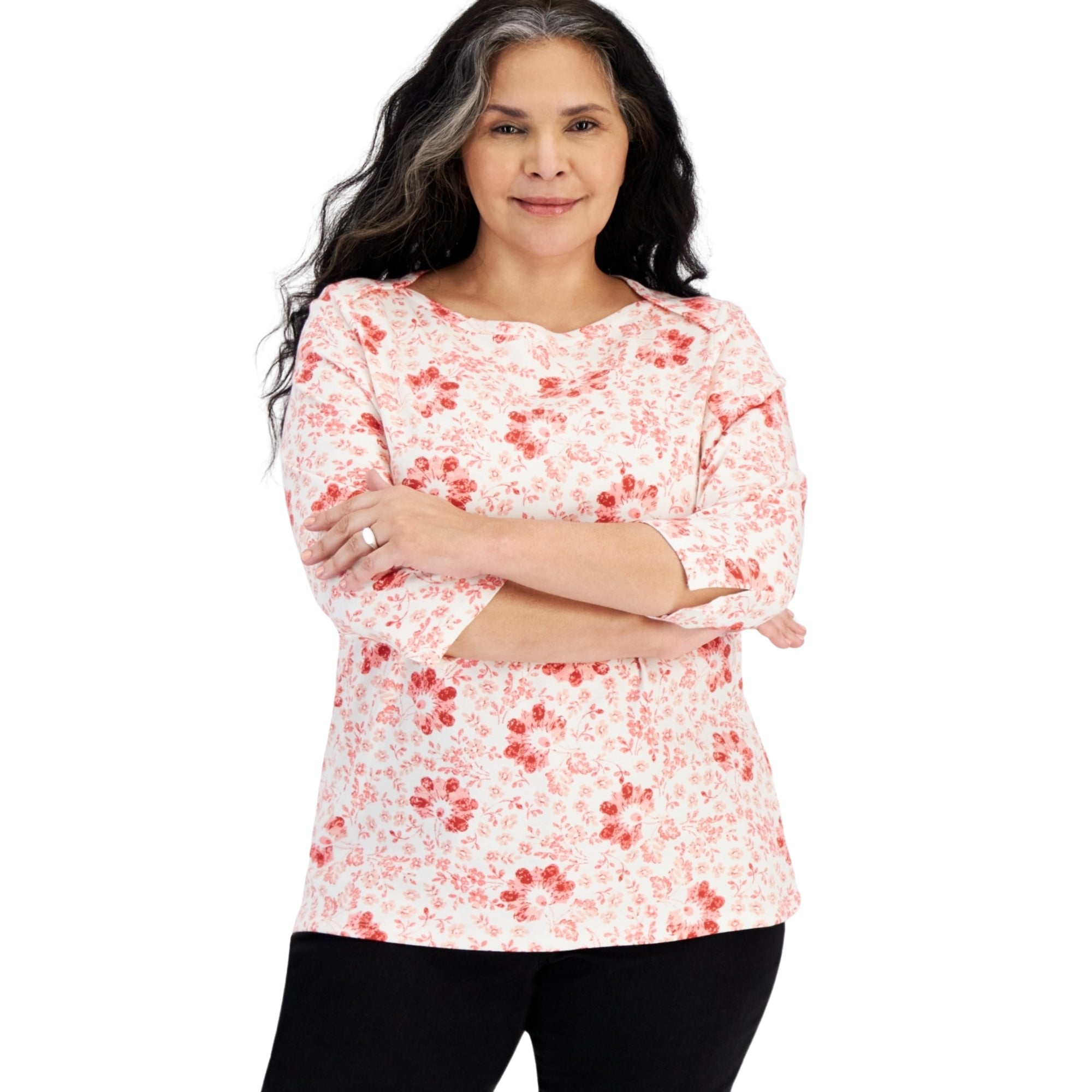 Style & Co Plus Size Printed Pima Cotton 3/4-Sleeve Top – Pottery Shitake, 0X