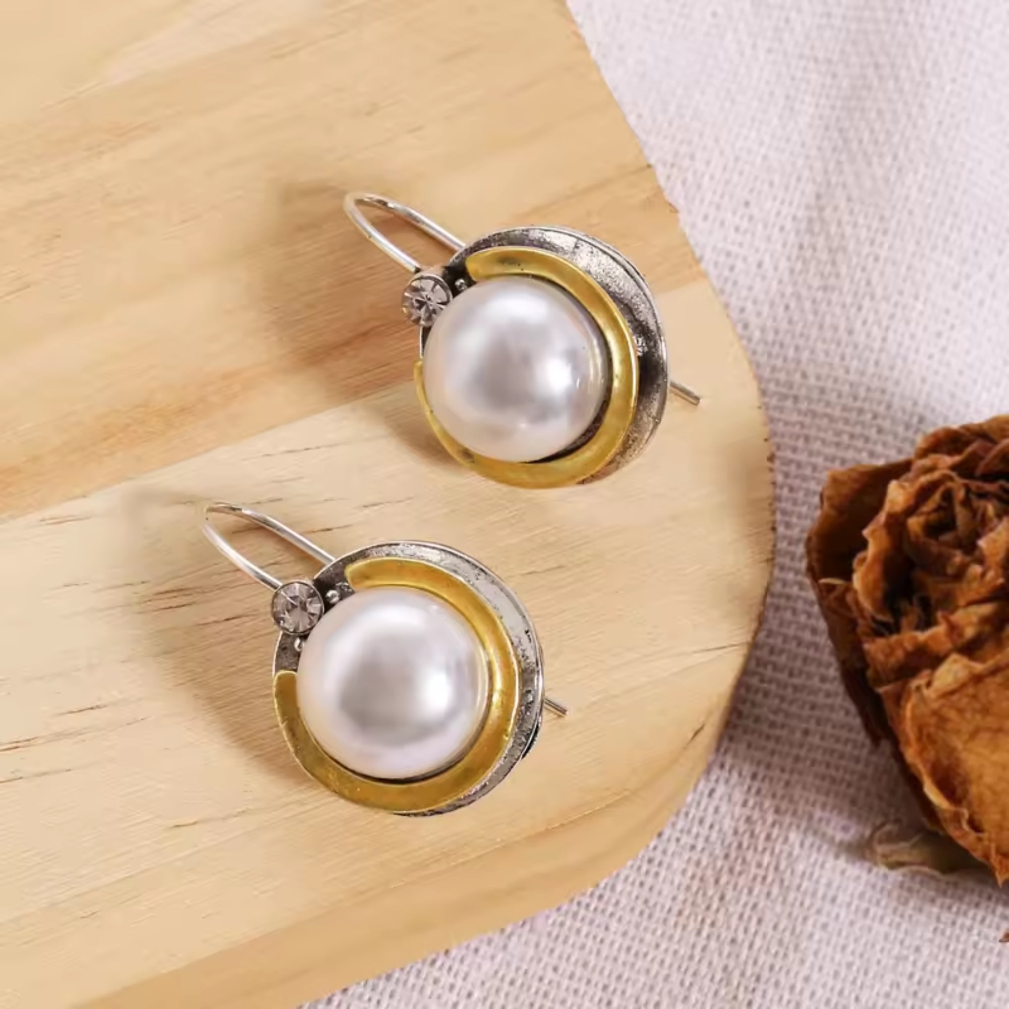 Vintage Boho 925 Silver Plated Pearl Dangle Earrings