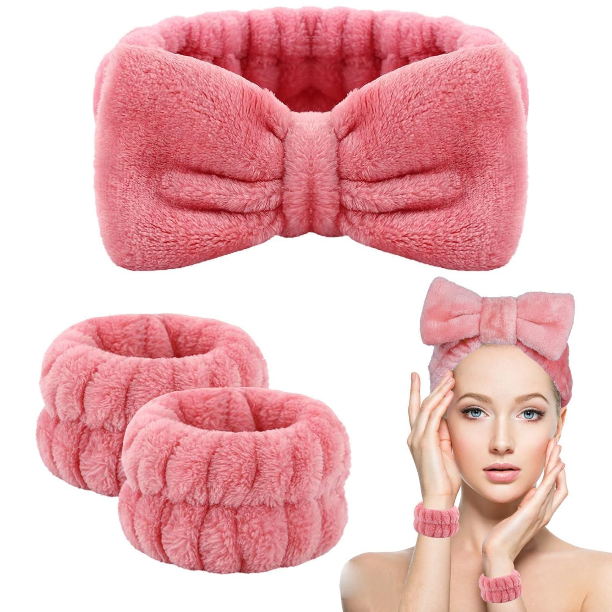 LAPOHI 3-Piece Spa Headband & Wristband Set – Fluffy Pink Skincare Accessories with Bow for Women & Girls