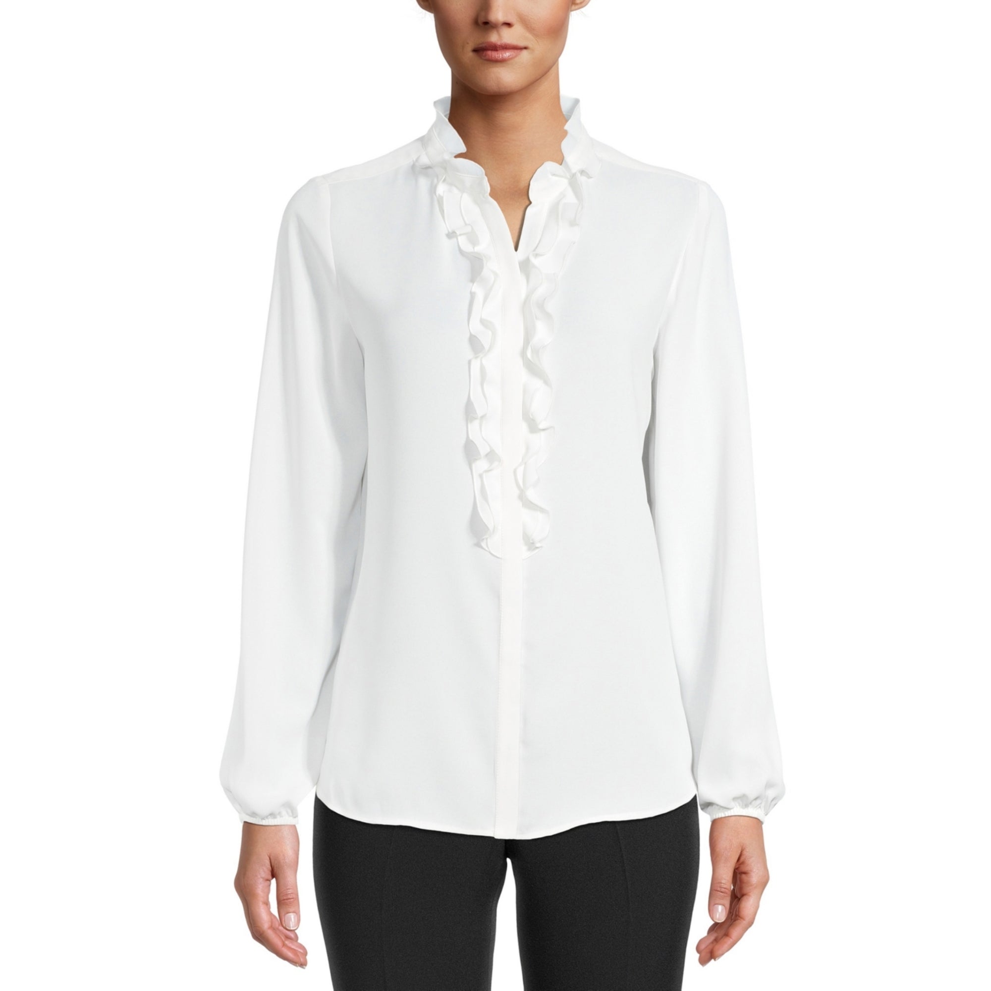 Bar III Women's Long Sleeve Ruffled Blouse – Lily White, Size - XXL