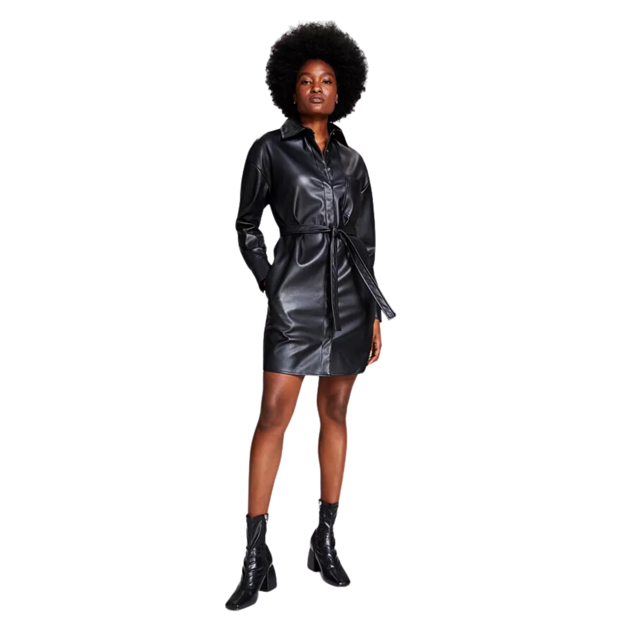 And Now This Women's Belted Faux-Leather Shirtdress – Black, Size - Large