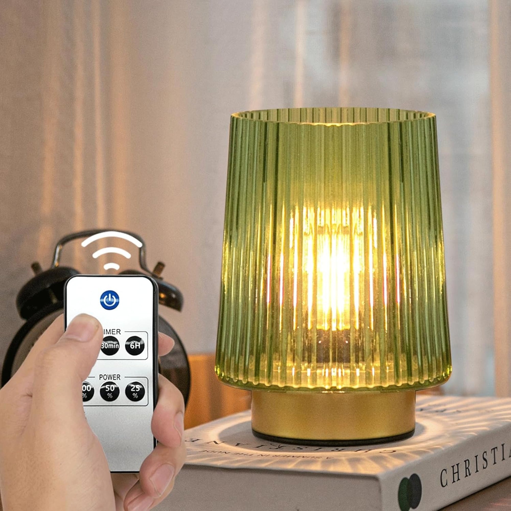 ULAROOM Battery Operated Lamp with Remote – Cordless, Dimmable Table Lamp with Timer – Forest Green / Gold