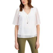 JM Collection Women's Flutter-Sleeve Necklace Top – Bright White, 2XL