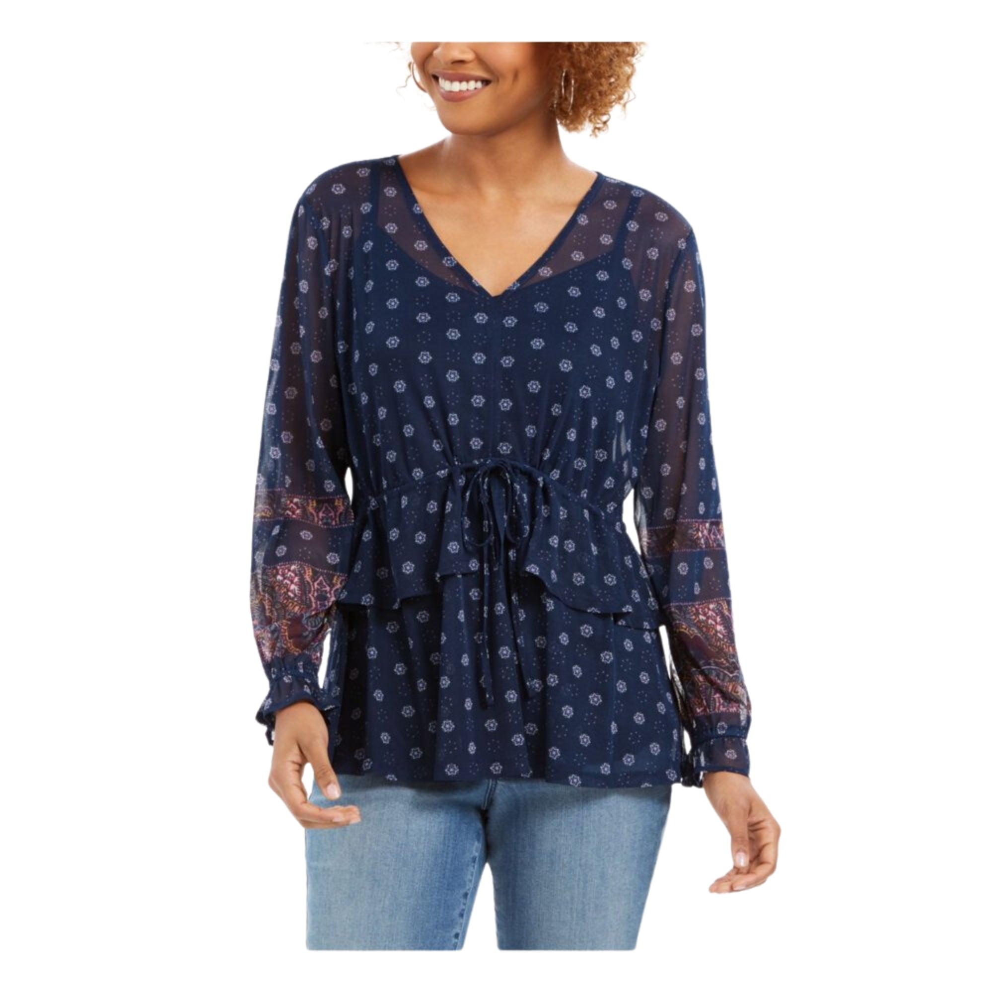 Style & Co. Tie-Front Floral Print Peasant Blouse – Devine Ditsy Blue, Size M