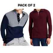INC Men’s Sweater Bundle – 2-Pack – Size 2XL – Blue Colorblock Mock Neck & Red Quarter-Zip Knit Pullovers