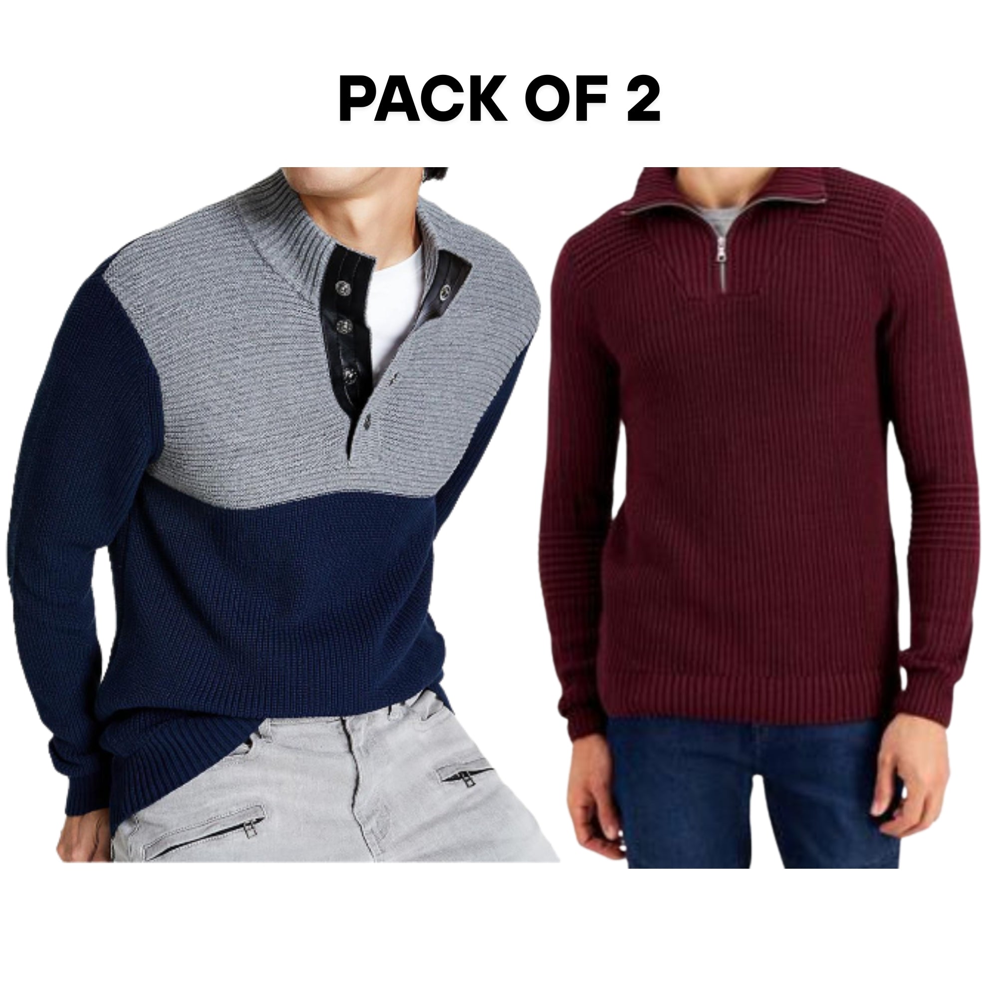 INC Men’s Sweater Bundle – 2-Pack – Size 2XL – Blue Colorblock Mock Neck & Red Quarter-Zip Knit Pullovers