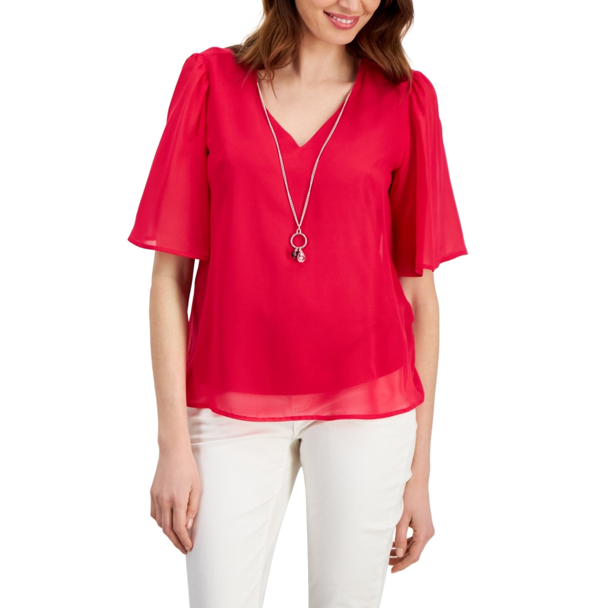 JM Collection Women's Flutter-Sleeve Necklace Top – Claret Rose, Size XL