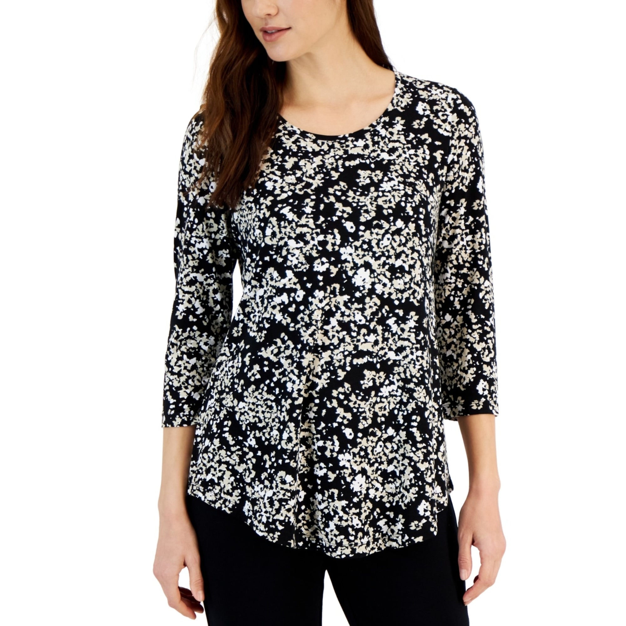 JM Collection Women's Scoop-Neck 3/4 Sleeve Printed Knit Top – Deep Black Combo, XL