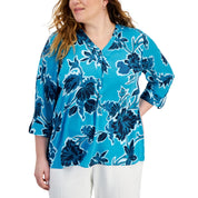 JM Collection Plus Size Felicia Floral Utility Top – Seafrost Combo, Size - 2X
