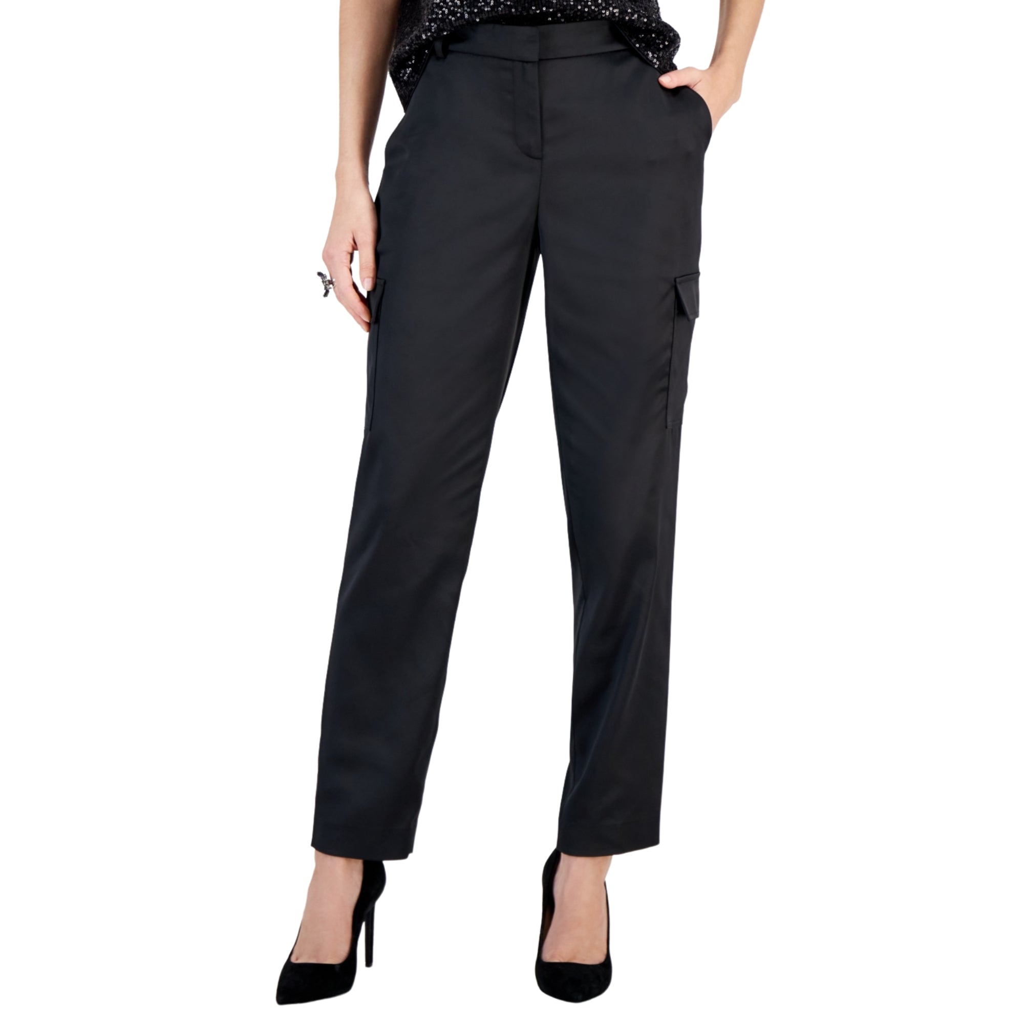 Bar III Women's Satin Cargo-Pocket Ankle Pants – Black, Size - 16