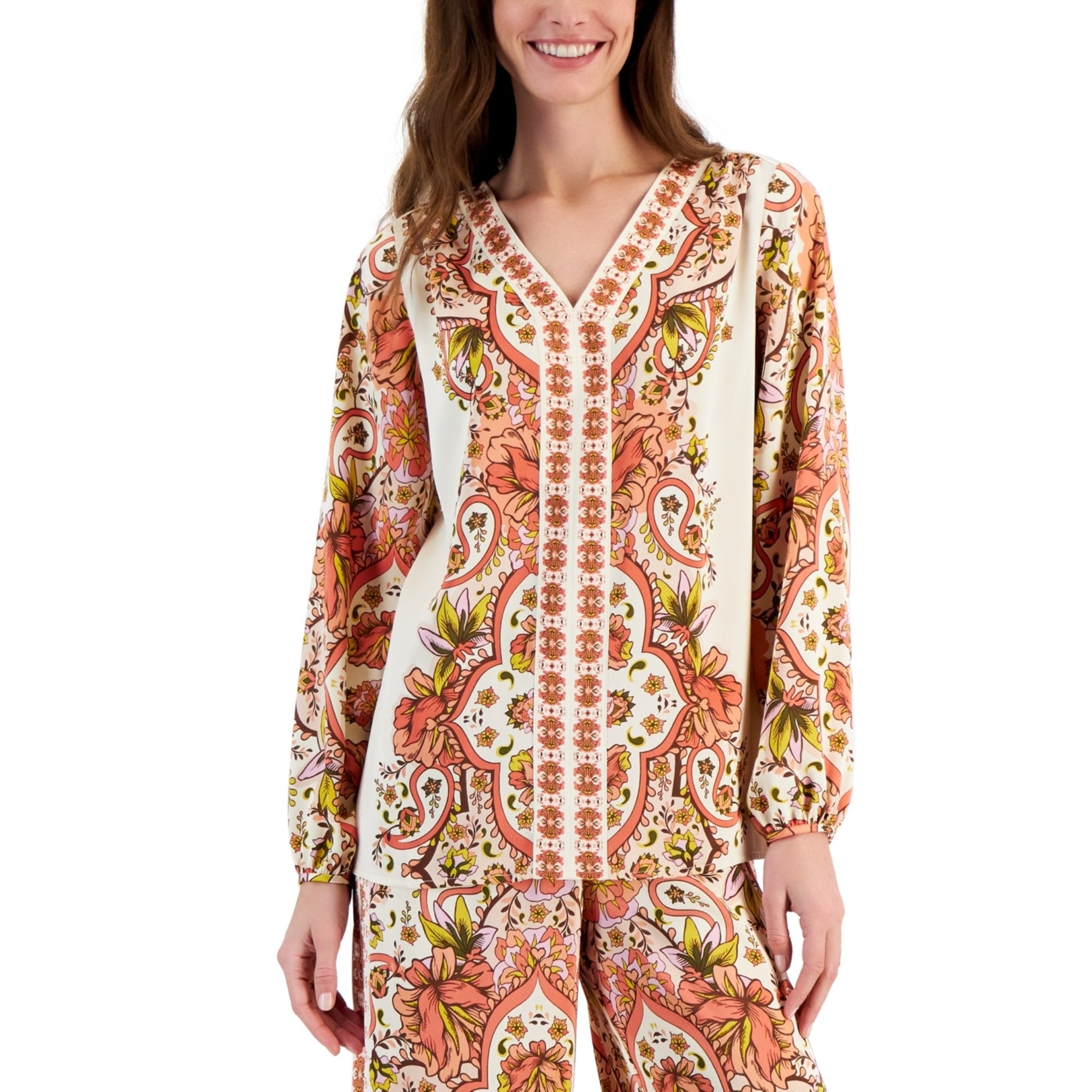 JM Collection Women's Long Sleeve Printed V-Neck Satin Top – Sandshell Combo, XL