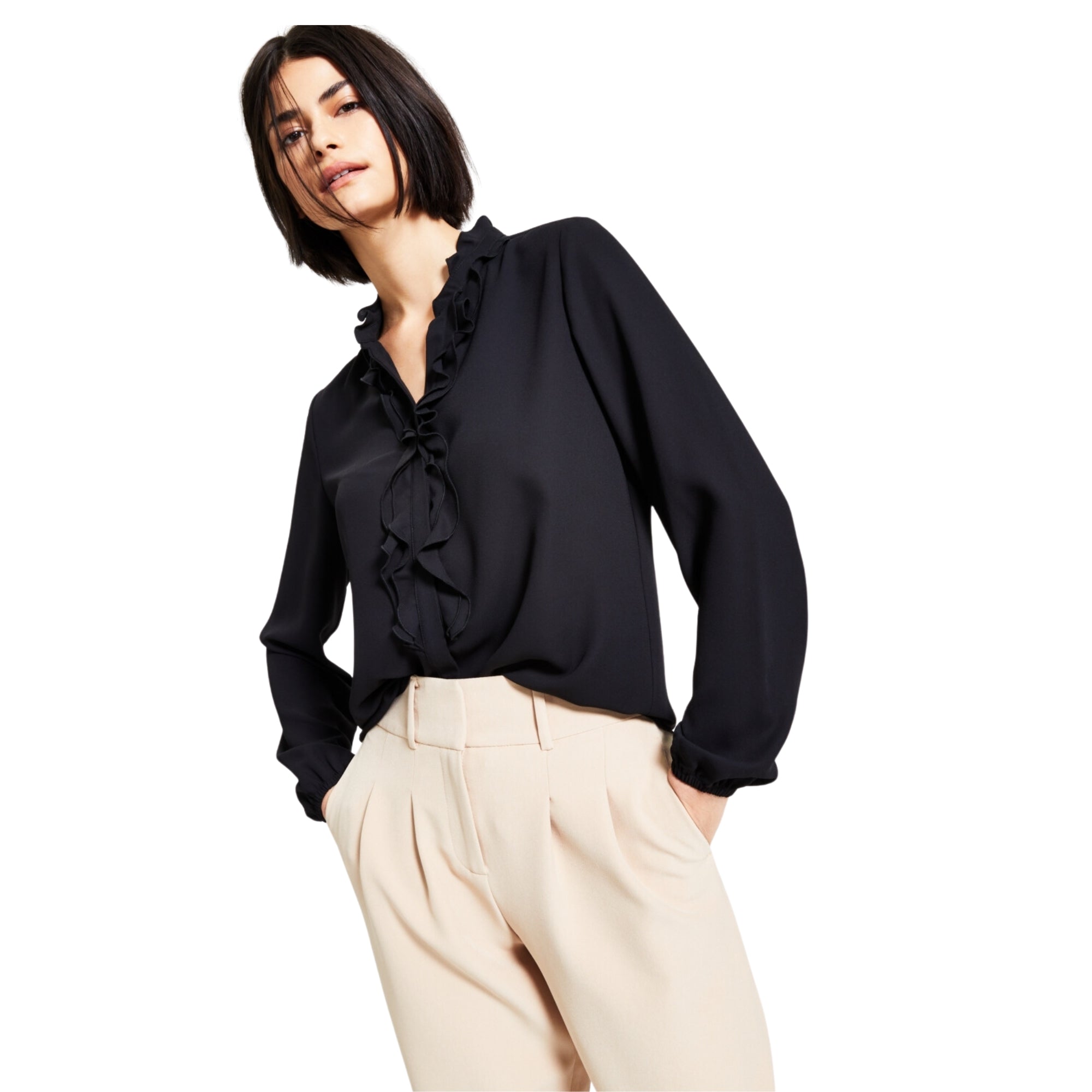 Bar III Women's Plus Size Long Sleeve Ruffled Blouse – Black, Size - L