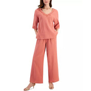 JM Collection Women's Embellished Gauze 3/4 Sleeve Top & Pull-On Pants – Dark Red, Large