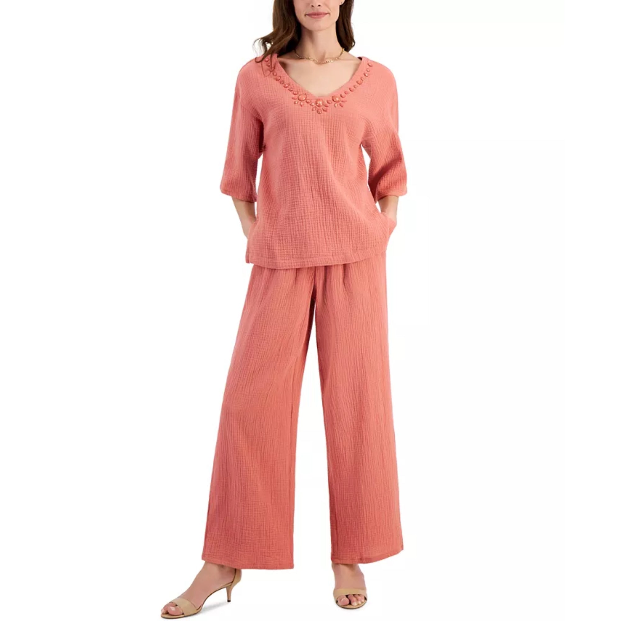 JM Collection Women's Embellished Gauze 3/4 Sleeve Top & Pull-On Pants – Dark Red, Large