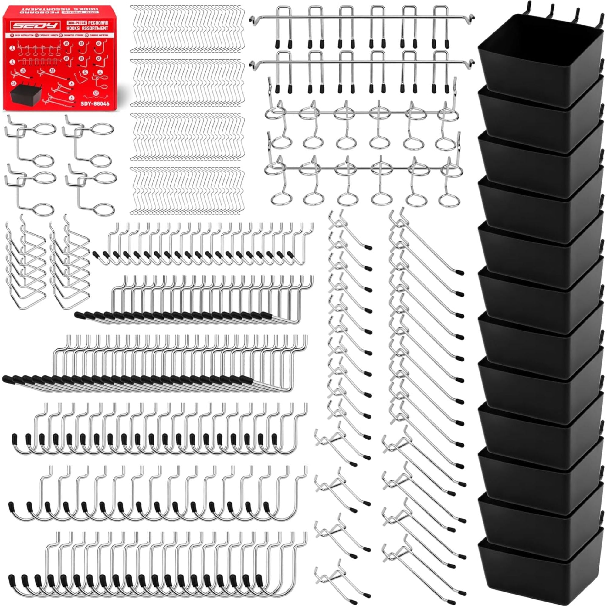 SEDY 300-Piece Pegboard Hook Set - Metal Pegboard Organizer Accessories for Garage, Workshop, Craft Storage - Black