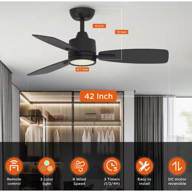 Indoor Ceiling Fan With Remote 42 Inch Reversible Quiet DC Motor Black Timer