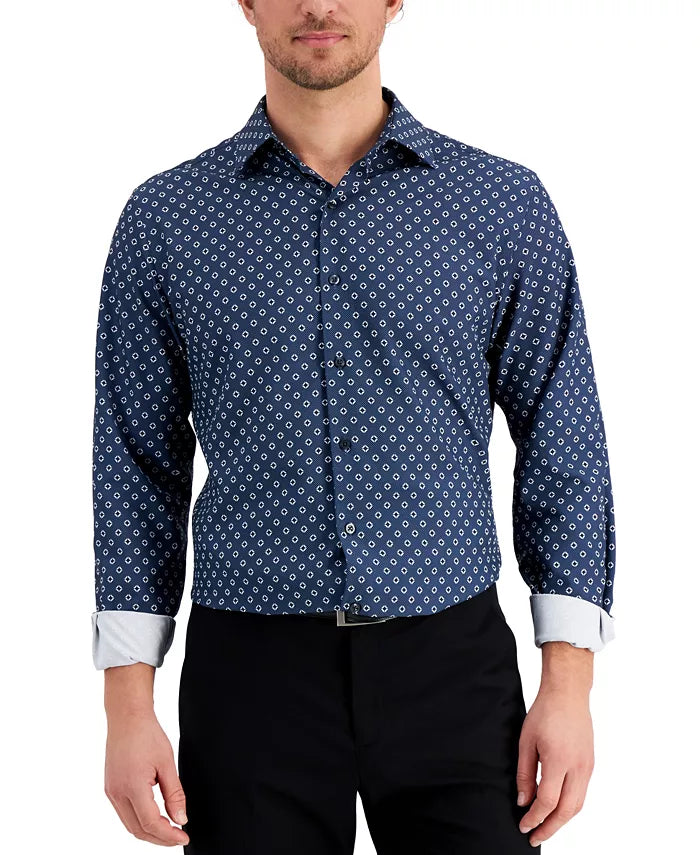 Alfani Men's Slim Fit 4-Way Stretch Geo-Print Dress Shirt, Navy White, 14-14.5, 32/33