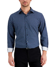 Alfani Men's Slim Fit 4-Way Stretch Geo-Print Dress Shirt, Navy White, 14-14.5, 32/33
