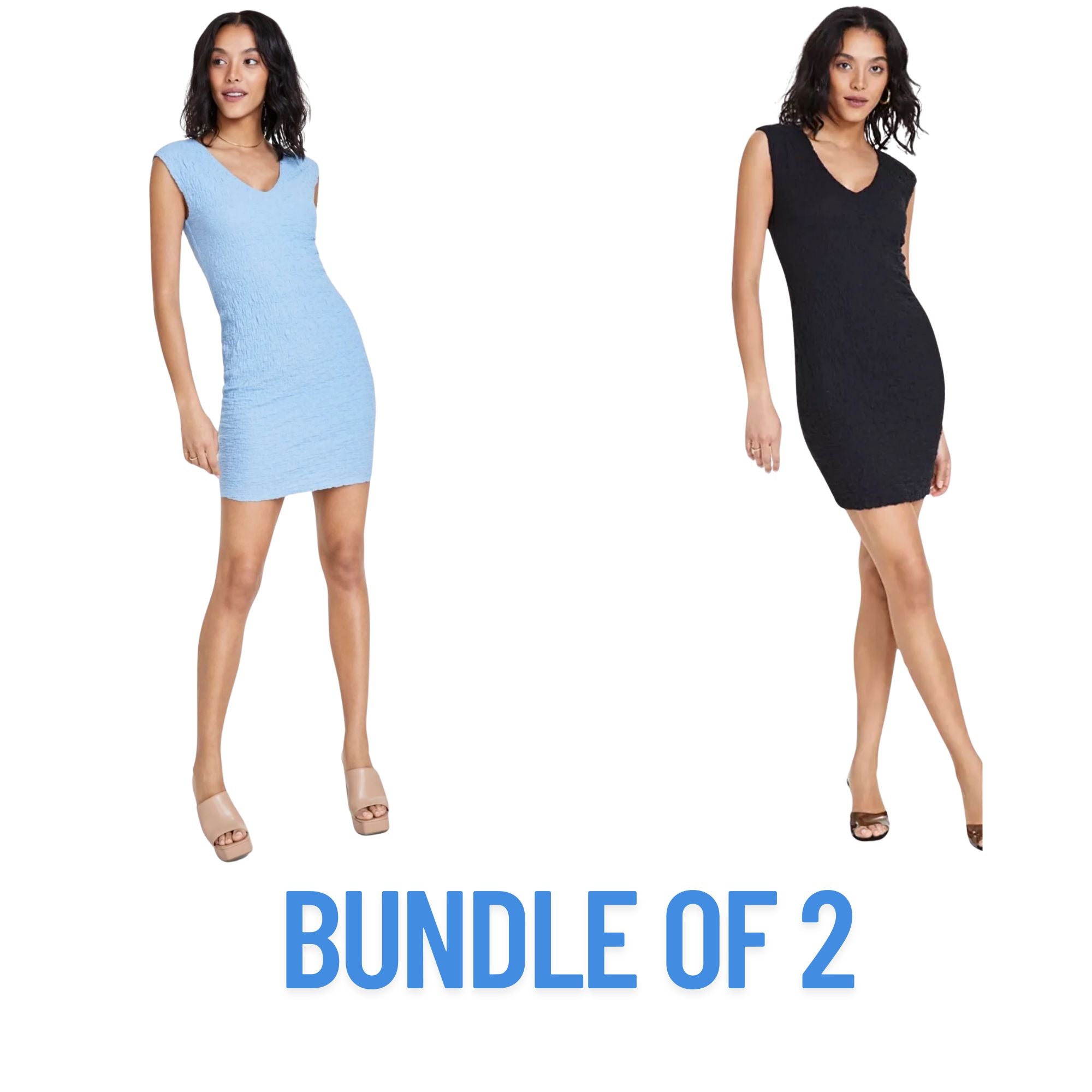 2-Pack Bundle – Bar III Sleeveless Textured Mini Dresses – Black & Cornflower – Small