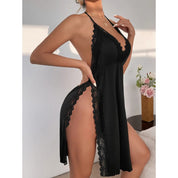 Elegant Women's Black Lace Slit Dress - Deep V-Neck with Lace Trim Size - M