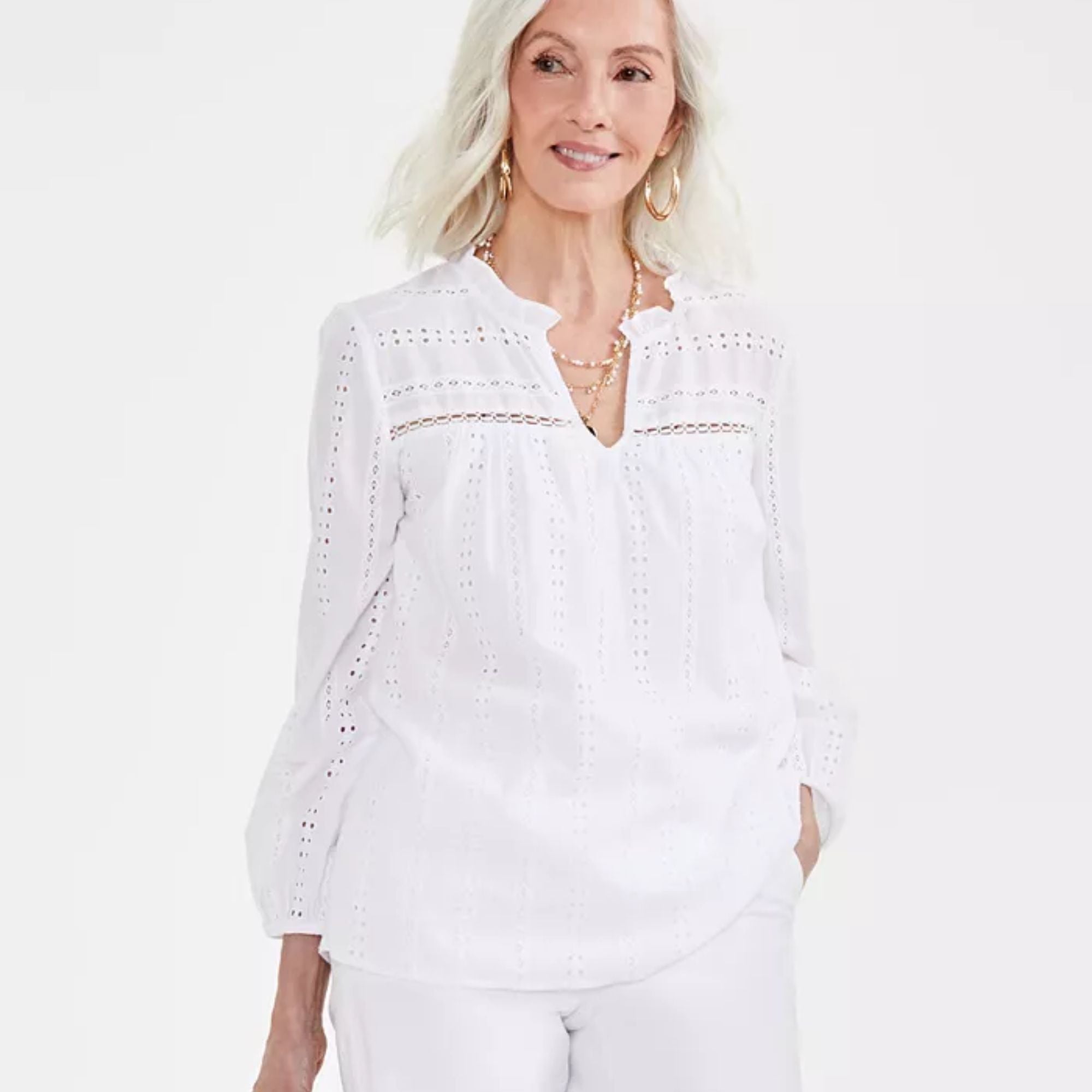 Style & Co Women's Cotton Eyelet Split-Neck Top - White - Size XL