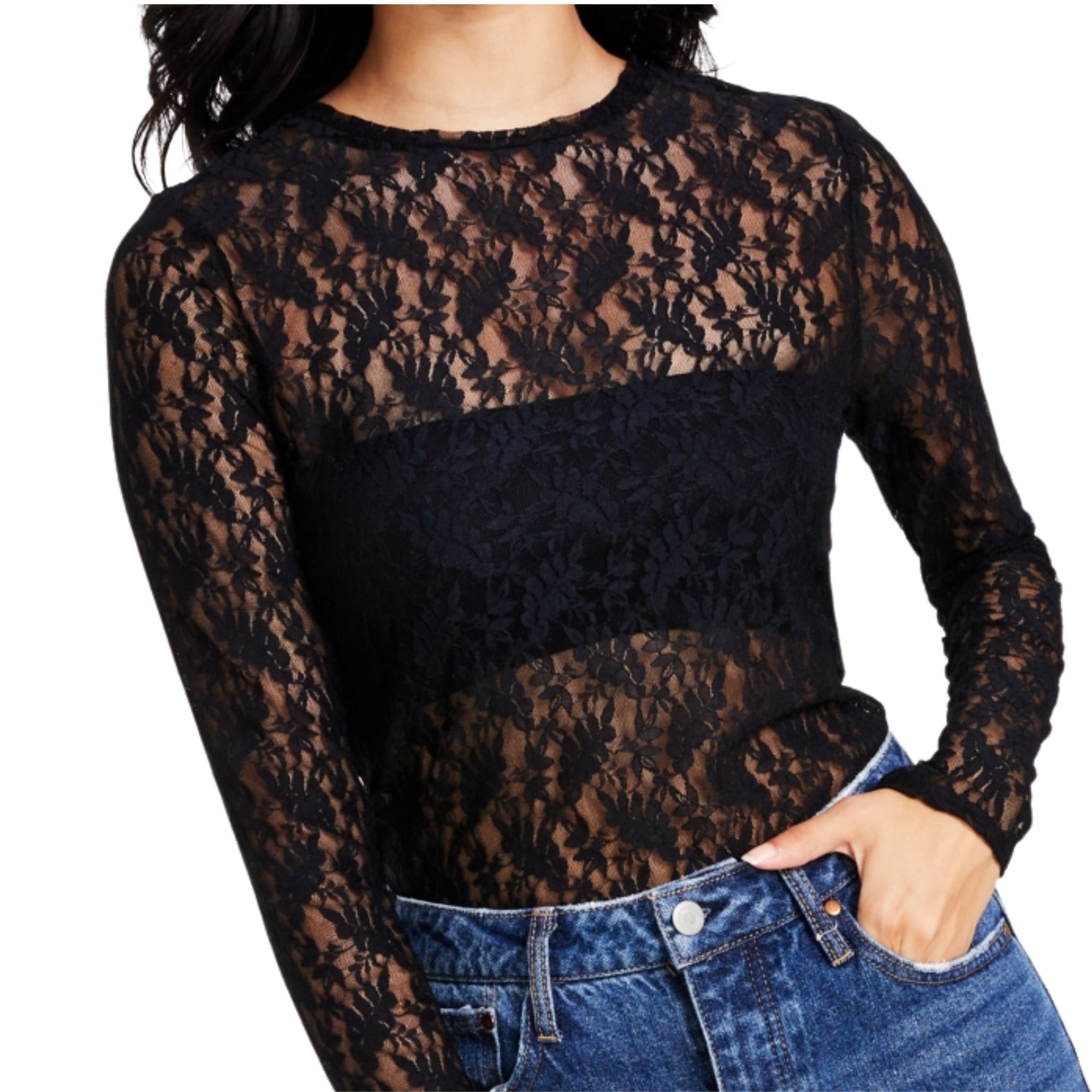 Bar III Women's Lace Long-Sleeve Bodysuit – Deep Black, Size XL