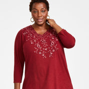 Style & Co Plus Size Embroidered V-Neck Knit Tunic Top - Scarlet Crush 3X